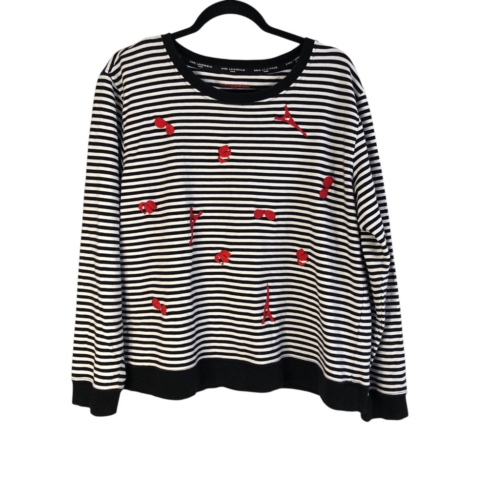 Karl Lagerfeld Navy and White Grannycore Striped Top with Pink Icons